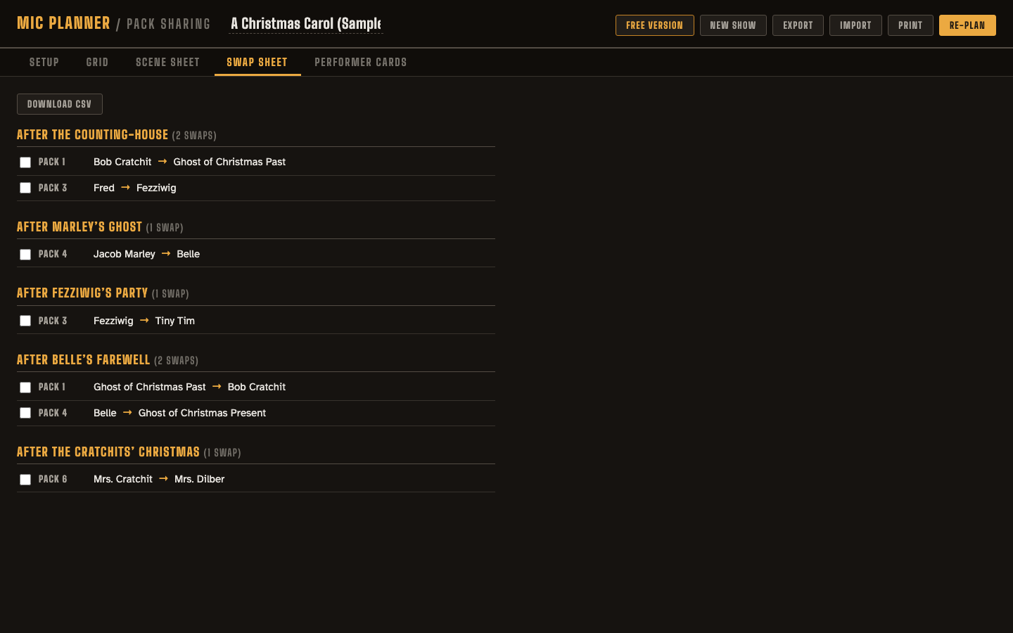 Swap sheet: every pack handoff with checkboxes for the deck crew